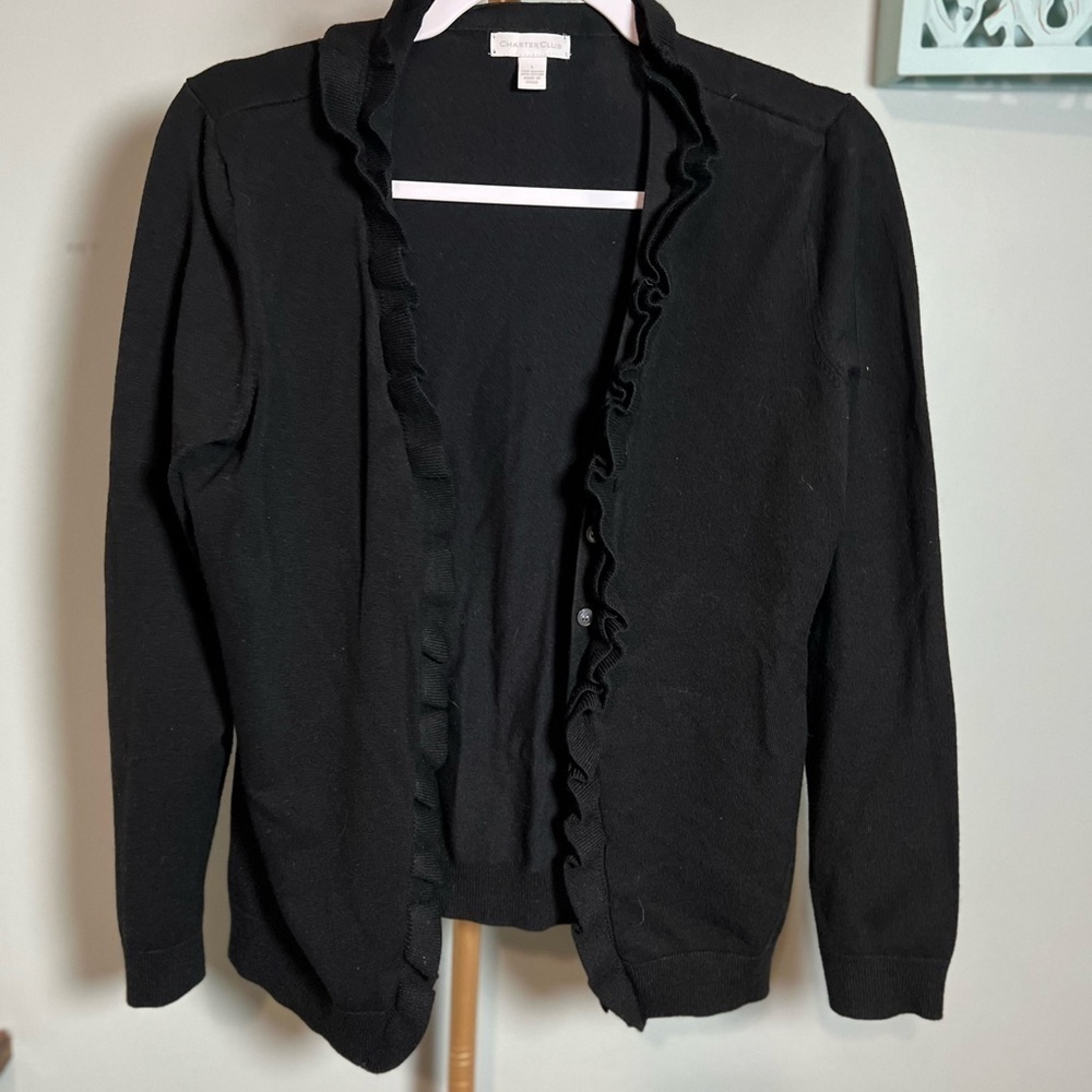 Charter Club Black Knit Cardigan with Ruffled Front